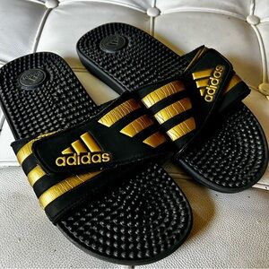 Adidas Black Slides with Gold Stripes Sz 9 massaging soles